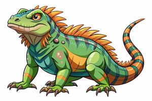 Vibrant green iguana with orange and blue stripes isolated on a white background. Concept of wild animal illustration, cute reptile, and minimalist style. Print, icon, logo, element for design. vector