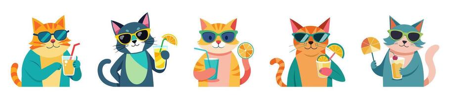 Set of funny cats in sunglasses enjoying fruit cocktails, isolated on white background. Smiling felines with soft drinks. Concept of summer vibes, exotic beverages, vacation. Prints, design elements vector