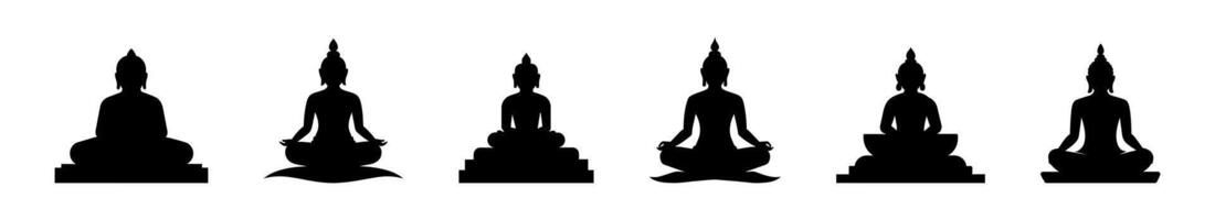 Set of Buddhas meditating on lotus position. Black silhouettes isolated on white background. Symbol of Buddhism. Concept of enlightenment, meditation, Zen. Print, icon, design element vector