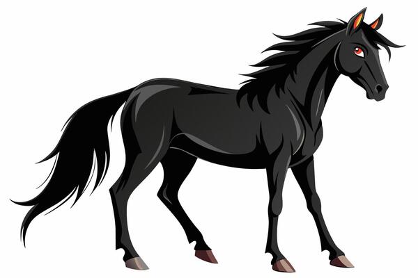 Black horse isolated on white background. Concept of wild animal illustration, minimalist style, graphic art. Print, icon, logo, template, pictogram, element for design
