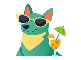 Smiling funny dog in sunglasses with tropical cocktail. Puppy with fruit soft drink. Concept of summer fun, leisure, vacation vibes. Isolated on white background. Print. Design element vector