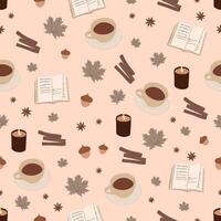 Set of autumn elements cup of coffee, book, cozy candle, cinnamon, Maple leaf, acorn. Fall season seamless pattern. Hand drawn illustration. Background for harvest time vector