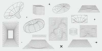 Abstract geometric wireframes and grids. Isolated editable stroke black 3D shapes. Y2k retro futuristic aesthetic elements vector