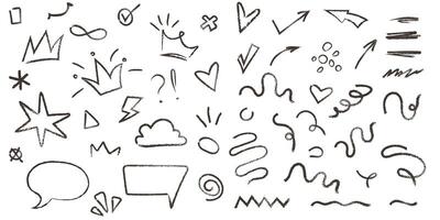 Hand drawn chalk and marker graffiti squiggles. Doodle hearts, underline, speech bubbles. crowns, arrows, and scribbles. Charcoal grunge texture elements vector
