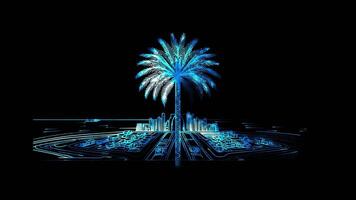 Neon frame effect Palm Jumeirah palm tree-shaped artificial island, black background. video