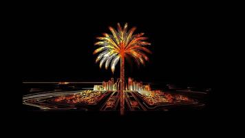 Neon frame effect Palm Jumeirah palm tree-shaped artificial island, black background. video