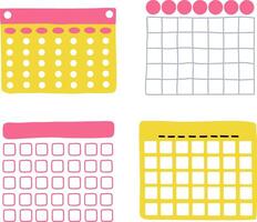 Cute universal calendar grid in hand drawn style. Set of illustrations on white background. vector