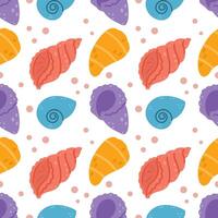 Seamless endless pattern with cute seashells and clams on white background. Print for printing on fabric, wrapping paper and sewing children clothes. vector
