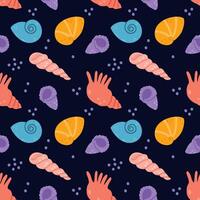 Dark Blue Seamless endless pattern with cute seashells and clams on white background. Print for printing on fabric, wrapping paper and sewing children clothes. vector