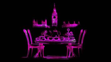 Neon frame effect Afternoon Tea scene with Big Ben in the backgroun, glow, black background. video