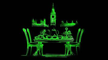 Neon frame effect Afternoon Tea scene with Big Ben in the backgroun, glow, black background. video