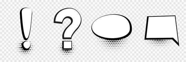 Speech bubble set , Exclamation point and question mark. Collection of empty comic speech bubbles with halftone. vector