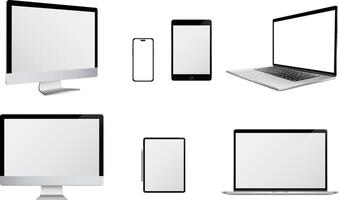 Set of mockup technology devices featuring computer, laptop, tablet, and mobile phone with empty displays vector
