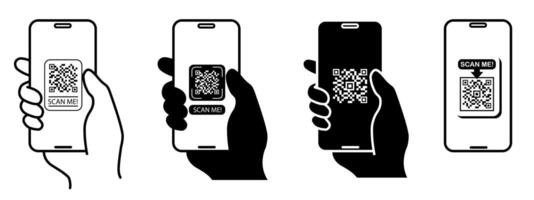 Phone scanning qr code via mobile app icon flat cartoon illustration design vector