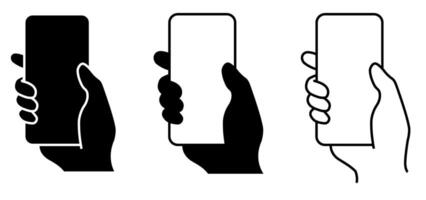 Smartphone in hand icons set. Hand holding smartphone.Blank screen smartphone for message or photo in various positions vector