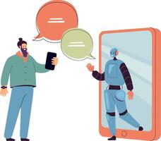 Man chatting online with AI assistant flat illustration. Cartoon customer getting virtual support from chatbot vector