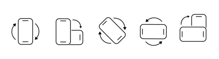 Rotate the Mobile phone icon set in the line style. Device rotation with arrow simple black style symbol signs for apps. vector