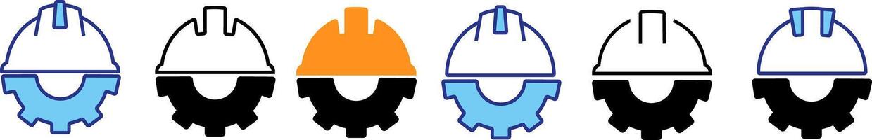 Construction helmet on the gear icons set. Helmet and gear flat or line icon. vector
