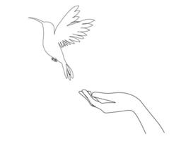 One continuous line drawing of flying dove with two hands. Bird symbol of peace and freedom in simple linear style. vector
