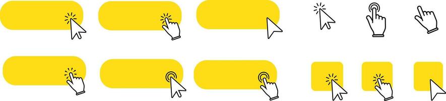 Yellow buttons with clicking hand or arrow pointer set. Click here template. vector