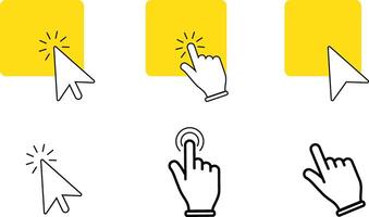 Yellow buttons with clicking hand or arrow pointer set. Click here template. vector