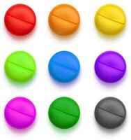 Medicinal tablets. Set of round flat tablets of different colors. Isolated objects on transparent background. vector
