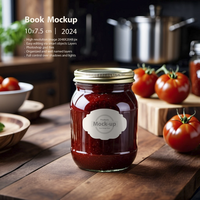 Tomato paste jar with round cap on a wooden table in kitchen mock-up series psd