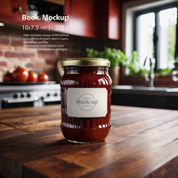 Tomato paste jar with round cap on a wooden table in kitchen mock-up series psd