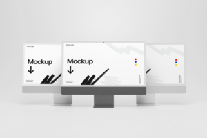 Triple Screen Desktop Computer Mockup for Branding Presentation psd