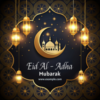 A beautiful image of eid al adha mubarak a crescent moon with a building in the background psd