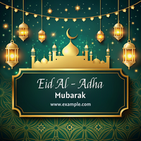 A green background eid al adha mubarak template with a gold frame and a large moon in the center psd