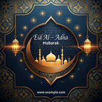 A blue and gold design with a crescent moon and a building in the middle eid al adha template psd