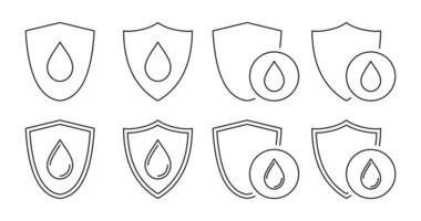 set of shield and water drop icons. waterproof symbol. modern line art design isolated on white background vector
