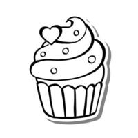 Outline Cupcake with Heart on white silhouette and gray shadow. Illustration for decoration or any design. vector