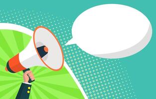 Flat Design Illustration Background of Hand Holding Megaphone Horn Speaker for Attention Announcement with Copy Space vector
