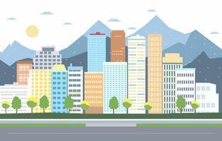 Flat Design Illustration of Road Traffic in City with Cityscape Building in Bright Day vector