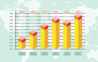 Flat Design Illustration of Business Success Growth Bar Chart Diagram Statistic Data with World Map Background vector