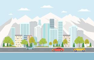 Flat Design Illustration of Cityscape Building with Lake River and Car in Road Traffic on Sunny Day vector