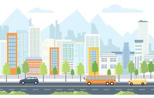 Flat Design Illustration of Car Bus Vehicle in City Road Traffic with Cityscape in Bright Day vector