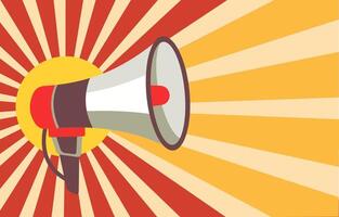 Flat Design Illustration of Megaphone Horn Speaker for Attention Announcement with Sunburst Lines Background vector