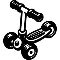 Toy scooter for child. Three wheeled scooter for novice driver in monochrome. Simple minimalistic in black ink drawing on white background vector