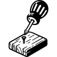Screwdriver tightens screw into board in monochrome. Using construction tools for repairs. Simple minimalistic in black ink drawing on white background vector