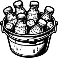 Metal drink bucket filled with cold water bottles and ice. Cold water storage accessories. Simple minimalistic in black ink drawing on white background vector