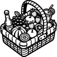 Luxury picnic basket in monochrome. Sandwiches, fruit and drinks in wicker basket. Simple minimalistic in black ink drawing on white background vector