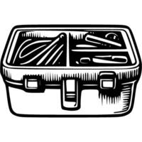 Fishing gear storage box in monochrome. Fisherman container with bait and hooks. Simple minimalistic in black ink drawing on white background vector