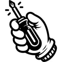 Builder hand dressed in protective glove holds screwdriver in monochrome. Working with professional tools. Simple minimalistic in black ink drawing on white background vector
