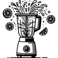 Blender with splash of orange juice and splash of water in monochrome. Mixer is full of fruit. Simple minimalistic in black ink drawing on white background vector