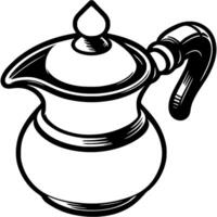 Turkish coffee pitcher in monochrome. Jug with handle for brewing Turkish coffee. Simple minimalistic in black ink drawing on white background vector