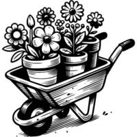 Flowers in ceramic pots stacked in garden cart in monochrome. Transplanting plants from pots into open ground. Simple minimalistic in black ink drawing on white background vector