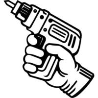 Hand holding power drill in monochrome. Tool for construction and installation work. Simple minimalistic in black ink drawing on white background vector